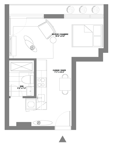 a floor plan of a small apartment with a bedroom and a living room